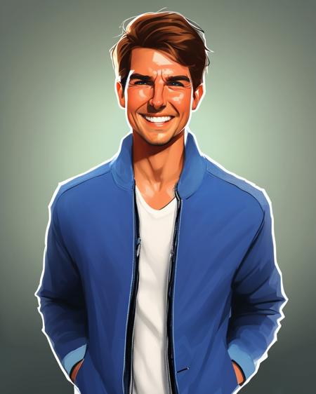 volumetric lighting, at Morning time, stylized digital painting, beautiful portrait, Tom Cruise man, smiling joyfully at the viewer