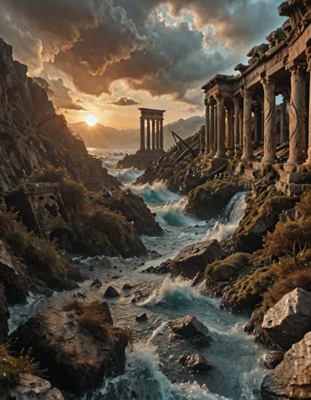 <lora:MW_Roma02betaill:1> A powerful, cinematic scene of ancient Roman ruins being overtaken by a raging sea, where monumental marble columns and shattered statues rise stubbornly from a crumbling cliffside, now half-submerged beneath the chaos of the waves. Gargantuan walls of water surge from the open ocean, curling and crashing against the remnants of Roman architecture with earth-shaking force. Debris flies through the air as broken stone arches collapse into the frothing surf. The sky above is dark and storm-lashed, streaked with lightning that illuminates the madness of the scene in split-second flashes â each bolt briefly revealing aqueducts and temples vanishing under the torrent. Foaming water rushes over mosaics once walked by emperors, now erased by natureâs wrath. In the distance, colossal waves rise like watery mountains, threatening to consume what little remains of this lost civilization. Seabirds scream above, circling in chaotic patterns. The entire atmosphere is one of raw elemental power â a divine reckoning where history drowns beneath unstoppable force. Hyper-detailed sea textures, shattered Roman grandeur, furious weather, dynamic motion, mist and sea spray, crumbling legacy, apocalyptic beauty, high fantasy realism, epic ruin.
fantasy, blue, T1, white, dark blue, T10, landscape, mountains, huge high tall waves, rocks, tree, vegetation, moss, rough sea, waterfall, ruins, sunset, blue, orange, yellow, brown,
