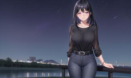 a woman standing outdoors at night, black tshirt, jeans, belt, parted lips, blush, smile, black hair, violet eyes