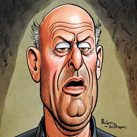 cartoon of Bruce Willis ,   in donmartin style, caricature,  proud.  The Dragon's Lair: A deadly place where fearsome dragons dwell,  facial expression,(  caricature:0.4),  HQ, high resolution,  crisp lines,   detailed eyes and lips <lora:DonMartin_StyleXLv6.6:0.8>  <lora:add-detail-xl:0.04> <lora:xl_more_art-full_v1:0.05>