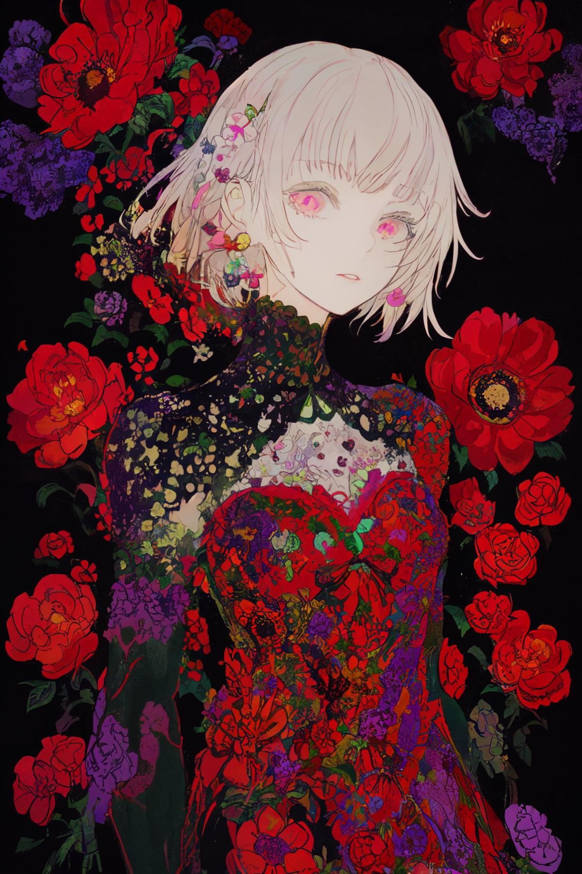 A beautifully illustrated woman with white hair and purple eyes is surrounded by red flowers in a black background.