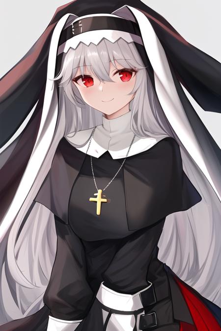 masterpiece, best quality, highres, solo, {specter_arknights:1.10}, long_hair, red_eyes, bangs, black_headwear, hair_between_eyes, smile, grey_hair, very_long_hair, white_hair, breasts, 1girl, black_dress, dress, habit, looking_at_viewer, nun, long_sleeves, capelet, jewelry, necklace, black_capelet, simple_background, upper_body, closed_mouth, cowboy_shot, white_background