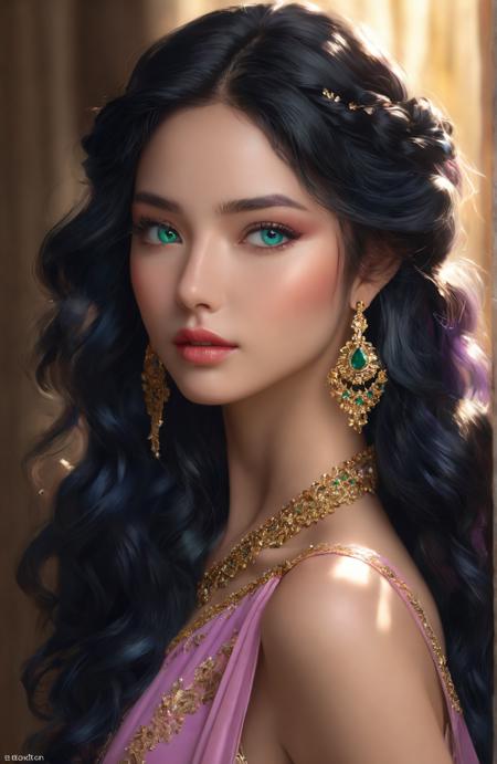 Hj1F2k8 - (high quality), (masterpiece), (detailed), 8K, Photo, Intimate portrait of a captivating, slender exotic young woman. Her (flowing ebony tresses:1.2) AND_PERP frame her (deep sapphire blue eyes:1.2) AND_PERP that shimmer with (emerald green flecks:1.2) AND_PERP. Her (soft ivory complexion:1.2) AND_PERP radiates a delicate warmth. Lips painted with a luscious (ruby red:1.2) AND_PERP hue. She wears an (ethereal lavender gown:1.2) AND_PERP adorned with intricate (golden embroidery:1.2) AND_PERP, beautifully contrasting with her (sun-kissed golden skin:1.2) AND_PERP. Soft, diffused lighting caresses her face, enhancing the (rosy pink blush:1.2) AND_PERP on her cheeks. Captured with a Canon EOS R and a Sigma 85mm f/1.4 lens.