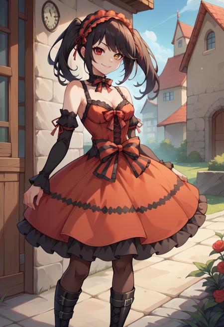 TokisakiKurumi, black hair, twintails, heterochromia, red eye, yellow eye, clock eyes TokisakiKurumi, black hair, low twintails, hair over one eye, red eye KurumiBase, clock eyes, red eye, yellow eye, heterochromia, black hair, twintails, hairband, red dress, striped bow, frills, detached sleeves, frilled choker, black thighhighs, garter straps, lace-up boots KurumiBlack, hair over one eye, black hair, low twintails, red eye, hair bow, black dress, long sleeves, black pantyhose KurumiWedding, black hair, hair over one eye, red eye, bridal veil, wedding dress, elbow gloves KurumiSchool, black hair, low twintails, hair over one eye, red eye, school uniform, black jacket, blue skirt, neck ribbon, black pantyhose