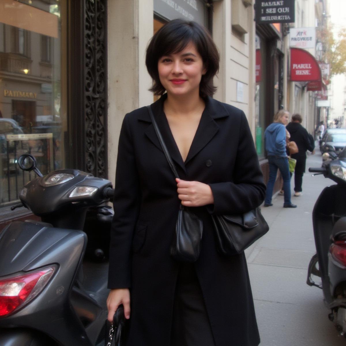  Amateur photography of french women with short black hair, red lips, wearing modest business casual clothing, black purse, paris street, scooter parked, pharmacy sign on the side ,Casual, f/<aperture>, <other tags: like low light, slight blur, slight overexposure, warm tones, cluttered background>, jpeg artifacts, on flickr