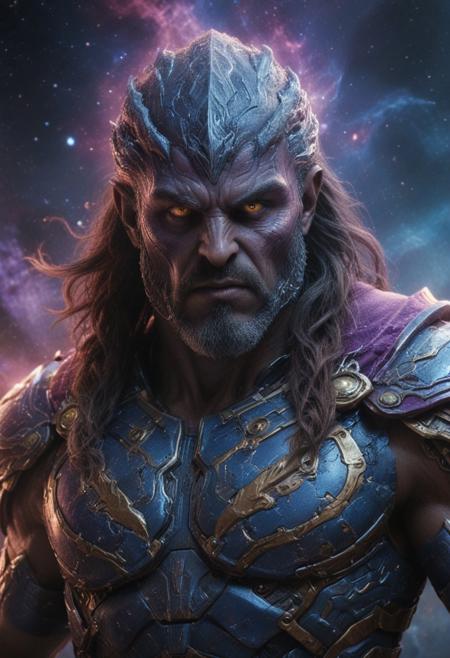 A breathtaking 32K, 1000K HDR, 1500FPS, ultra-HD, hyper-realistic, full-frame shot, a celestial warrior, glowing armor, cosmic energy, inspired by alien mythology, a unique blend of Thor and a legendary Hindu god, features of Idris Elba, long flowing hair, striking eyes, star-patterned tattoos, vibrant nebula backdrop, soft purple and blue hues, intense battle scene against monstrous extraterrestrial beings, advanced technology, ancient mysticism, dynamic low-angle shot, intricate armor details, expressions of determination, distant planets, swirling galaxies, vastness, advanced CGI, vibrant colors, high-quality texturing, 32K smooth HDR, stunning makeup, detailed face, fingers, eyes, nose, lips, hairstyle, Unreal Engine v6, bold colors, captivating expressions, natural lighting, Steven Spielberg VFX, CGI, practical lighting, NVIDIA RTX 3090 GPU, DeepArt.io, Artbreeder AI, LCM-LoRA DetailedFace:1.2, DetailedHand:1.1, DetailedMaster:1.0, DetailedEyes_xl:1.2, BetterSkinXL:1.1, 1,300 digital effects, awe-inspiring, smart HDR, CGI Unity.