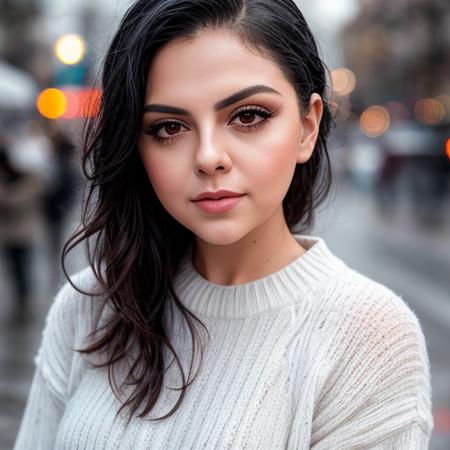 closeup headshot, RAW photo of (ebrugundes-75) in street, wet hair, (wearing a white knitted sweater and jeans:1.2), 150mm professional photography, full detail, detailed face, 8k uhd, dslr, soft lighting, high quality, film grain, Fujifilm XT3,  <lora:add_detail:0.5>