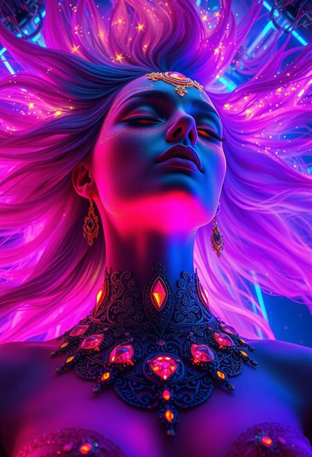 A surreal and ethereal cyber-fantasy portrait of a regal woman in a trance-like state, viewed from below. She has luminous, glowing skin in rich tones of rainbow, with intricate golden filigree and gem-like elements adorning her face and forehead. Her flowing hair radiates outward like a celestial nebula, embedded with sparkling lights and magical particles. Her eyes are glowing and closed, exuding mysticism. Her neck and chest are adorned with an elaborate ornamental bio-mechanical collar made of elegant dark metal and pulsating crimson gems, resembling a living piece of art. The background features a high-tech, crystalline containment chamber bathed in neon pink, violet, and electric blue light, with faint energy streams and floating sparkles, evoking a sci-fi-meets-fantasy atmosphere.
<lora:DarkGhibliMJ7:0.7>,
<lora:Dever_Flux_Enhancer:0.5>, 
<lora:Artify´s Fantasy and Sci-Fi Art Flux:0.5> ,
<lora:ck-Neon-Retrowave:0.3>,