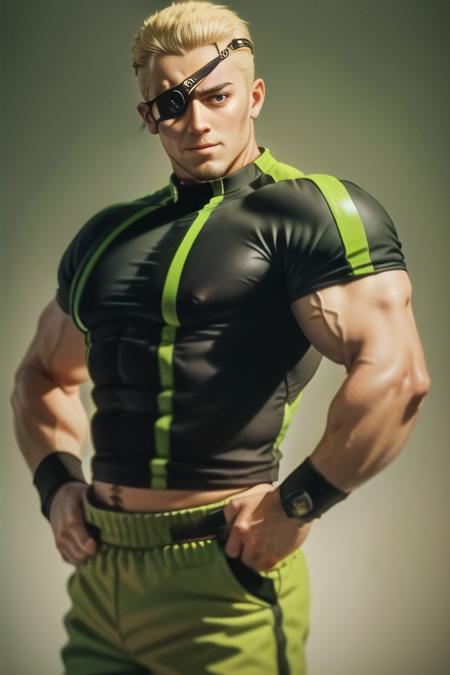 ramonkof, 1guy, eyepatch, bracelets, tight t-shirt, black and green t-shirt, hands on hips, (green pants:1.3), shoes, detailed eyes, best quality, masterpiece, highres, perfect picture, highly detailed, high contrast , digital colors,  <lora:RamonKOF-000005:1> solo, medium shot