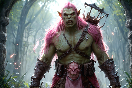 bioluminescent, an orc raider with green skin, wearing spiked armor, holding a spiked club, solo, from the Bonebreaker Clan, with bone armor and heavy weapons, an orc mountain cave with stalactites, fire pits, bone decorations, detailed background, fishing in a river, using a spear, fierce, eyes narrowed, dynamic angle, wide shot, an orc migration with orcs moving, carrying goods, worgs pulling carts, a sack of loot, nearby, on a forest floor, covered in leaves, cloudy, overcast sky, diffused light, cool tones, morning, soft sunlight, dew on grass, fresh air, best quality, vibrant colors, photorealistic style, high detail, high-definition, hyper-realistic, extremely high-resolution details, fine texture, incredibly lifelike, realistic, not cartoon, not drawing, highres, 4K resolution, source photo, realistic photo, masterpiece, best quality, amazing quality, very aesthetic, ultra-detailed, detailed textures, natural lighting, soft lighting, orc earth tones, greens, browns, grays, dawn light, soft pink and orange glow, dynamic angle, wide shot, <lora:Mystic_Lumina_r1-000007:0.9>