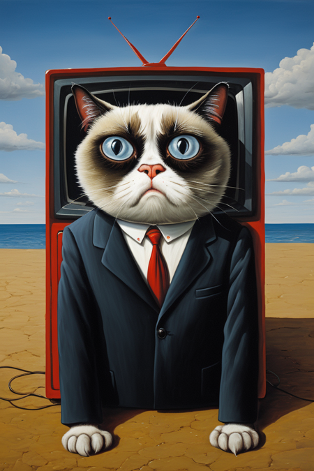 immensely disgusted grumpy cat watching CNN channel on gigantic tv set, <lora:LojkinXL:0.4> oil paint by Vasily Lozhkin, <lora:FF-Style-Rafal-Olbinski.LORA:0.75> art by Rafal Olbinski,