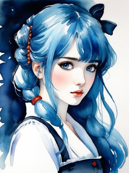 <lora:09WatercolorPainting_Hap_XL:1.5>,Winslow Homer style, watercolor painting, watercolor, beautiful anime girl, blue hair, detailed, dark theme,,