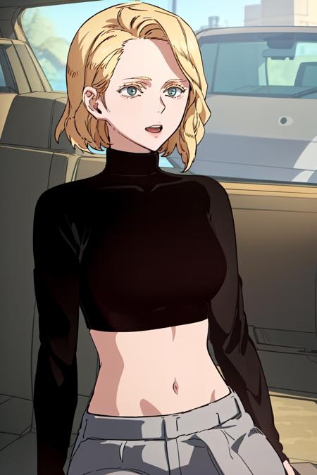 masterpiece, best quality, absurdres, perfect anatomy, beautiful background, beautiful face, beautiful eyes, beautiful body, happy, sophiaboray, 1girl, solo, short hair, pants, blonde hair, shirt, long sleeves, midriff, sweater, crop top, black shirt, turtleneck, grey pants, black sweater,  Sitting with one hand on the waist,  <lora:SophiaBoray:0.85>