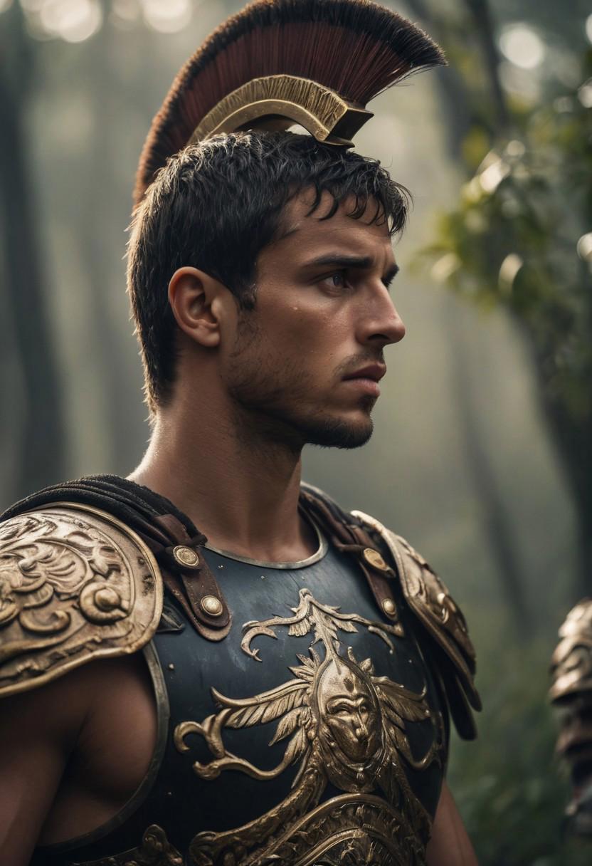 Side View of a young Roman Warrior wearing a shield on his back,Overgrown,mystic,ethereal,darkness,muscular,spartan, clean shaven,extreme detailed and ornamented armor,black armor,gold ornament,
atmospheric haze,Film grain,cinematic film still,shallow depth of field,highly detailed,high budget,cinemascope,moody,epic,OverallDetail,2000s vintage RAW photo,photorealistic,candid camera,color graded cinematic,eye catchlights,atmospheric lighting,imperfections,natural,shallow dof,dynamic_angle,full body,<lora:RMSDXL_Darkness_Cinema:0.8>,<lora:RMSDXL_Enhance:0.8>,,
high resolution,extreme detail