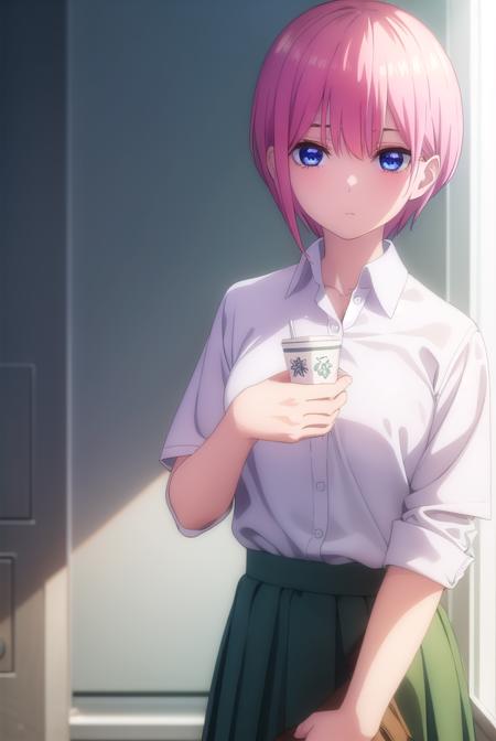 ichikanakano, <lyco:ichikanakanospecial-lyco-nochekaiser:1>, 
ichika nakano, short hair, bangs, blue eyes, hair between eyes, pink hair,
BREAK skirt, shirt, school uniform, white shirt, short sleeves, pleated skirt, shoes, socks, collared shirt, black footwear, sweater, white socks, (green skirt:1.2), loafers, clothes around waist,
BREAK indoors, classroom,
BREAK looking at viewer, (cowboy shot:1.5),
BREAK <lyco:GoodHands-beta2:1>, (masterpiece:1.2), best quality, high resolution, unity 8k wallpaper, (illustration:0.8), (beautiful detailed eyes:1.6), extremely detailed face, perfect lighting, extremely detailed CG, (perfect hands, perfect anatomy),