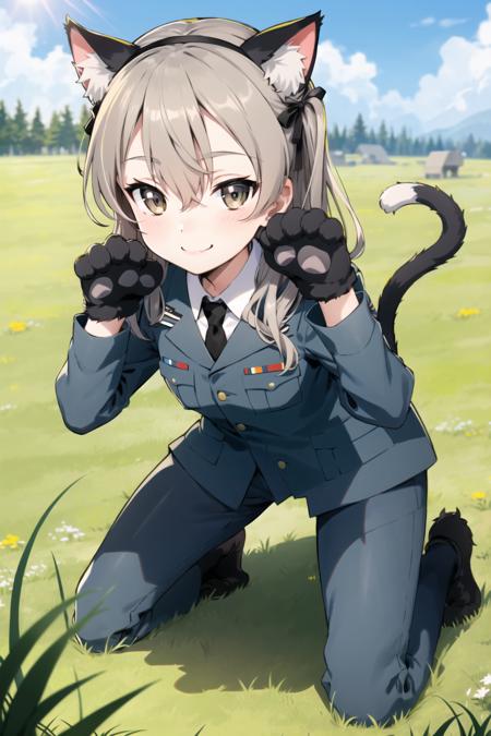 <lora:shimada_arisu:0.6>, shimada arisu, military, military_uniform, smile, looking at viewer, all fours, smile, cat ears, (paw pose), (paw gloves), grass