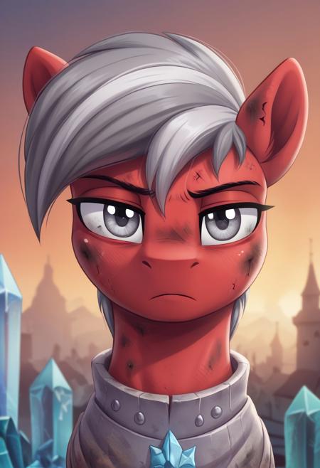 score_9, score_8_up, score_7_up, score_6_up, score_5_up, score_4_up, pony, g4, solo, pony, feral pony, male, red skin, gray mane, white eyes, blind, rags, serious, dirty, sad, crystal empire, village, sunrise, look at you, portrait, face, bust, face focus, night, blushing, cute, glare, high res, lidded eyes, detailed face, detailed face