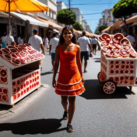Brazilian girl, selling orange fruit in streets, wearing orange sliced shaped dress, <lora:blood_orange_world_morph_sdxl:1> , sunny day, people walking, vendor stand, blood orange style