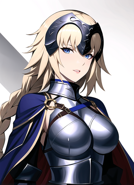 zeronis,  1girl, 1girl, armor, artist name, blonde hair, blue eyes, braid, breasts, eyelashes, fate/grand order, fate \(series\), headpiece, highres, jeanne d&#039;arc (fate), jeanne d'arc \(ruler\) \(fate\), long hair, looking at viewer, nose, parted lips, single braid, solo, upper body, ((masterpiece))  <lora:zeronis_offset:1>