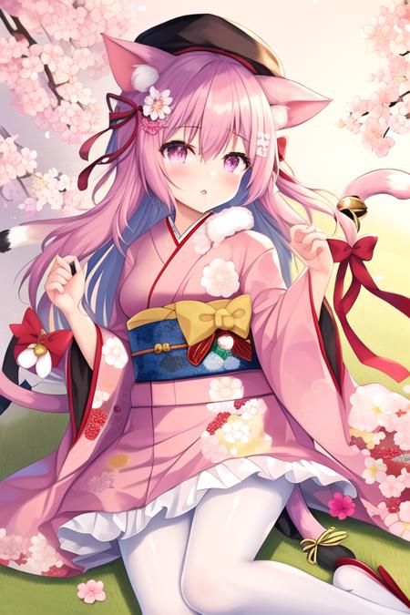 masterpiece, best quality, highres, solo, {kisaragi_azurlane:1.10}, animal_ears, cat_ears, long_hair, pink_hair, ribbon, tail, cat_tail, pink_eyes, blush, hat, bell, bow, animal_ear_fluff, jingle_bell, tail_ornament, one_side_up, school_hat, cat_girl, tail_ribbon, very_long_hair, hair_between_eyes, 1girl, japanese_clothes, kimono, flower, hair_flower, hair_ornament, looking_at_viewer, obi, pantyhose, sash, hair_bow, pink_kimono, white_pantyhose, wide_sleeves, floral_print, skirt, bangs, long_sleeves, red_bow, short_kimono, frills, fur_collar, hair_ribbon, pink_skirt, purple_eyes, animal, cherry_blossoms, dog, parted_lips, print_kimono, red_ribbon