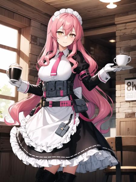 1girl, solo, yellow eyes, long hair, very long hair, pink hair, medium breast,  bangs, hair ornament, hair between eyes, 
gloves, long sleeves, boots, frills, necktie, belt, white gloves, black footwear, apron, maid, maid headdress, pouch, belt pouch, unconventional maid, tactical maid, 
indoors, coffee shop, waiting for their coffee to arrive, relaxed, 
<lora:Veronica_anythingv1:0.65>