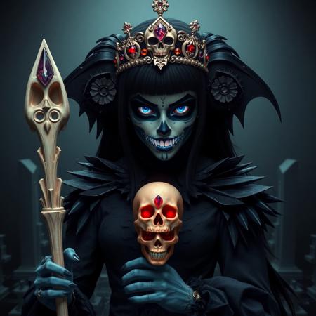 1girl, mysterious, hyper-realistic, despotically evil vampire queen, detailed argular scary face, goth sugar skull make up, jet black hair, black malachite crystal victorian dress with sharp jagged textures, Black Soul Gem Eyes, skull tiara with ebony accents, vampire fangs, glowing bioluminescent accents, holding scepter carved from bone with a red crystal skull on th end, haunting cemetery background, black glass floor, dim lighting, matte color tones, flat color style, horror fantasy, intricate details, cinematic shading, reij-blckprlglss, aidmaImageUpgrader