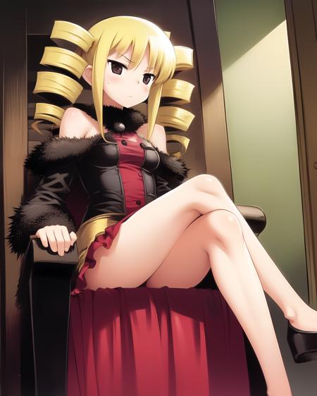 <lora:Matsuda:1>
1girl, solo, long blonde hair, drill hair, sitting on a throne, legs crossed