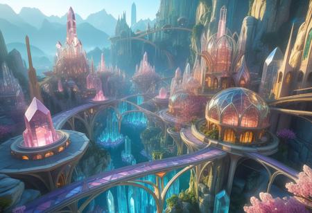 Floating crystal city, fluroite city, aerial view, futuristic cityscape, floating city, large city, busy city, multiple levels,  crystal-like architecture,  tall spires, many tall crystal structures, (crystal towers:1.2), glowing structures, (fluorescent crystal buildings:1.5), floating islands connected by bridges, (crystalline bridges:1.2), (crystal bridges:1.4), (waterfalls with glowing effects:1.2), stylized trees, (pink flowering trees:1.2), digital art, fantasy style, high detail, vibrant lighting, (atmospheric lighting:1.2),  detailed architecture, intricate design, wide-angle shot, (aerial perspective:1.2), (glowing crystal caverns:1.2), serene atmosphere, magical, detailed cityscapes, beautiful, scenic, (detailed crystal formations:1.3), fantasy city, detailed landscape, vibrant colors,  detailed textures, digital painting, fantasy art, (floating island design:1.2), (city architecture:1.3),  (mountain ranges:1.1),  (green valleys:1.1), (sunset:1.2),  (vibrant color palette:1.2), 8k resolution,  epic scale, landscape painting,  detailed city environment,  floating islands,  floating city, composition, scenic view, (ethereal:1.5), gorgeous, masterpiece, crystal, fluorite, (art nouveau style architecture:1.5).