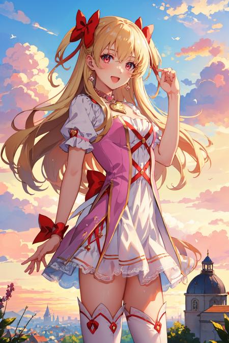 masterpiece, best quality, alisa reinford, mgalisa, two side up, hair bow, magical girl, pink collar, pink dress, white thighhighs, pink sky, clouds, standing, looking at viewer, :D <lora:alisa-nvwls-v2-000009:0.9>