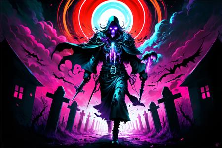 Colorful, psychedelic, neon, revenge from the grave, wrathful apparitions, cursed justice, gory vengeance, haunting retribution, malevolent spirits,