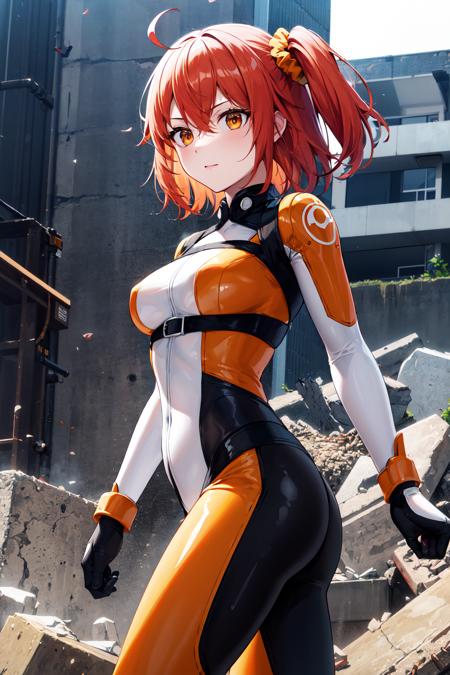 masterpiece, best quality, highres, aaritsuka, short hair, ahoge, hair scrunchie, orange scrunchie, medium breasts,  (orange bodysuit:1.2), black gloves, <lora:fujimaru_ritsuka_(female)_v1:0.7>, ruins, standing, cowboy shot,