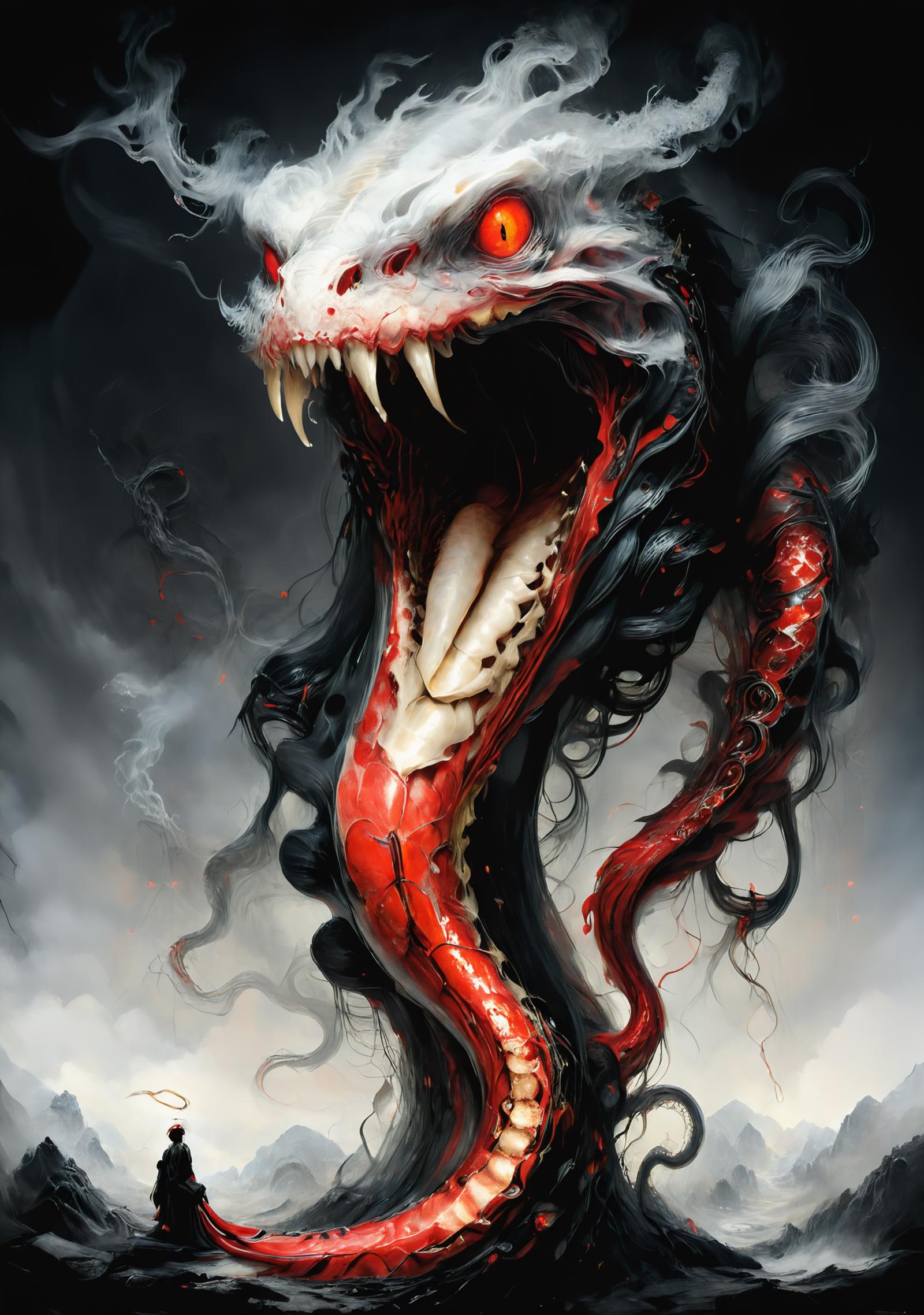 A red and white monster with a red tongue and red eyes, with its mouth open wide.