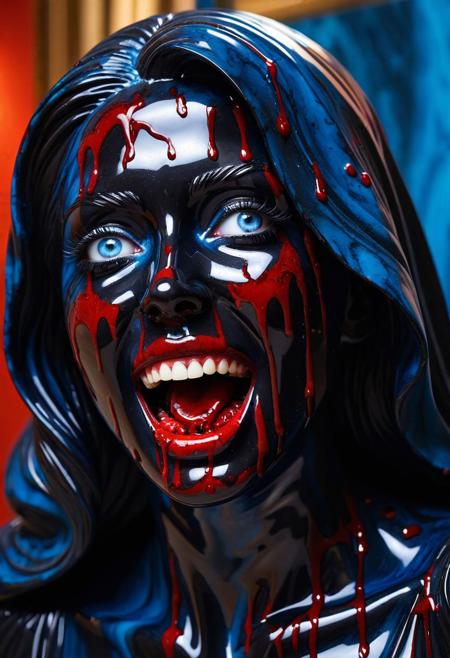 dark black marble sculpture, shape of woman, covered with blood, detailed realistic blue eyes, crazy eyes, murderous intent, maniacally laughing, detailed face, museum background, vibrant background, multi layered, diagonal view, back light, ultra sharp focus, high speed shot, vibrant color, high quality, highly detailed shot