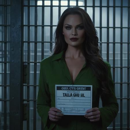 UHD, 4k, ultra detailed, cinematic, a photograph of  <lora:Talia al Ghul:1.2>
Talia al Ghul a mugshot of a woman holding a sign in front of a jail cell in Gotham city universe, epic, beautiful lighting, inpsiring