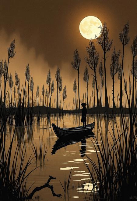 linquivera,  Ink illustration, (anime:0.5), brown tones, aged black red paper, inkpunk, moonlight,surreal, a ghost standing on a boat in swampy wetlands, (at a distance), Will-o'-the-wisp, moonlit, lonely, solitude, windy, tall trees, willows, willowy,  OverallDetail, extremely detailed, UHD,(long exposure , dystopian but extremely beautiful:1.4),