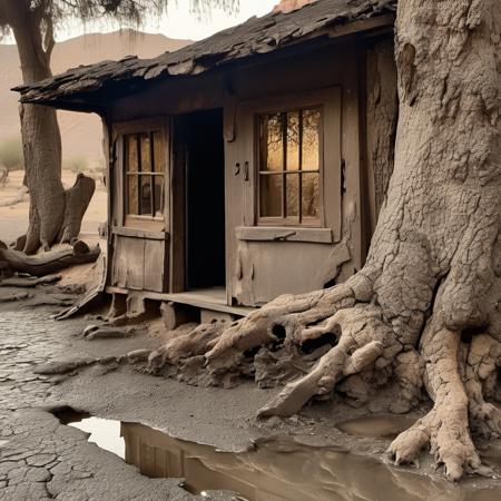 barnum-sepia cinematic photo (house wooden treebark hut:1.2),  broken glass,( dim light in the window:1.2), old tree with massive roots,   desert road with cracked asphalt texture, weathered, dark,  wet, water puddles, cracks, simple background
 <lora:asphalt-SDXL-m:0.7> <lora:treebark-SDXL-s-exp:0.7> , evening . 35mm photograph, film, bokeh, professional, 4k, highly detailed