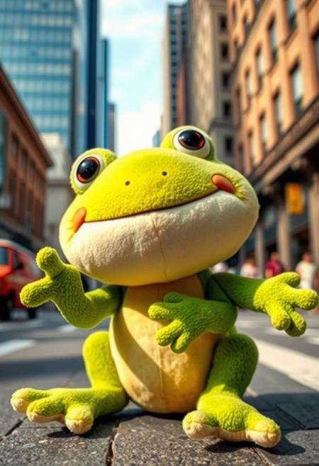 A soft cute , youthful and smiley stuffed frog named Freddy, happily plays downtown in a big city looking for fun adventure
