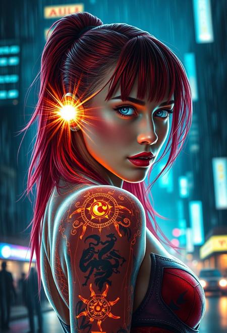 young woman, long red hair, undercut, glowing blue eyes, X-ray, muscular figure, tattooed arms, wearing costume, ligthing blast eye, realistic fire, rain drop,Hyperrealistic, splash art, concept art, intricately detailed, color depth, dramatic, 2/3 face angle, side light, colorful background city, at night Epic cinematic brilliant stunning intricate meticulously detailed dramatic atmospheric maximalist digital matte painting