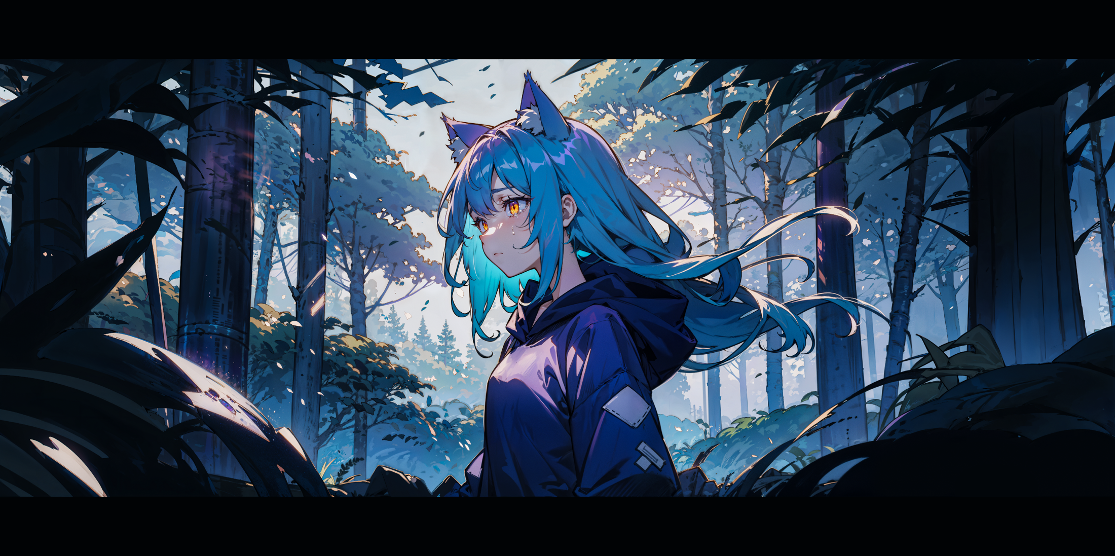 1girl, solo, from side, forest, night, light blue hair, cat ears, looking away, yellow eyes, long hair, small breasts, (pu...
