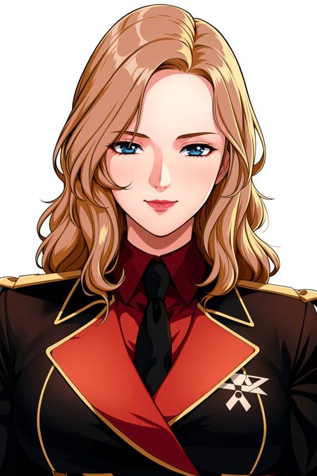 Simple Background, White Background,
red uniform,military, military uniform, Black shirt,black necktie,
<lora:Nanai_Miguel_0093-KK77-V1:0.7>,
blonde hair,blue eyes,Long hair,lipstick,
<lora:Oda_Non_Style-KK77-V2:0.3>,<lora:more_details:0.1>,
1 girl, 20yo,Young female,Beautiful Finger,Beautiful long legs,Beautiful body,Beautiful Nose,Beautiful character design, perfect eyes, perfect face,expressive eyes,perfect balance,
looking at viewer,(Focus on her face),closed mouth, (innocent_big_eyes:1.0),Light_Smile,
official art,extremely detailed CG unity 8k wallpaper, perfect lighting,Colorful, Bright_Front_face_Lighting,White skin,
(masterpiece:1.0),(best_quality:1.0), ultra high res,4K,ultra-detailed,
photography, 8K, HDR, highres, absurdres:1.2, Kodak portra 400, film grain, blurry background, bokeh:1.2, lens flare, (vibrant_color:1.2),professional photograph,
(Beautiful,large_Breasts:1.4), (beautiful_face:1.5),(narrow_waist),