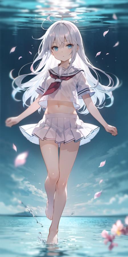 1girl, ahoge, aqua background, backlighting, barefoot, blouse, blue eyes, blush, bubble,cherry blossoms, chromatic aberration, closed mouth, expressionless, feet, flat chest, flower, full body, gradient background,knees together feet apart, leg up, long hair, midriff, miniskirt, neckerchief,  petals, pink flower, pleated skirt, sailor collar, school uniform, see-through, see-through silhouette, serafuku, shirt, short sleeves, sidelocks,skirt, solo, stomach, underwater, white hair, white neckerchief, white sailor collar, white shirt, white skirt, looking at viewer, water, bangs, white serafuku, floating hair, bare legs,arms behind back,  <lora:fuzi_loha_v1j:0.8>