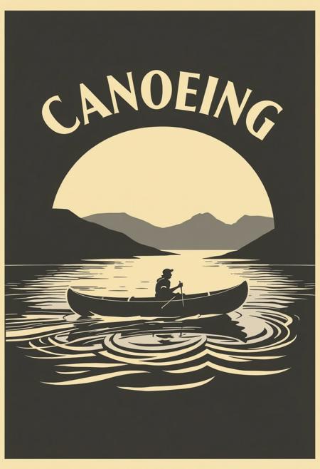 A vintage-inspired travel poster featuring a sleek canoe gliding across serene waters, surrounded by stylized waves. The text "Canoeing" elegantly arches above in Art Deco font, all rendered in a striking monochrome palette.