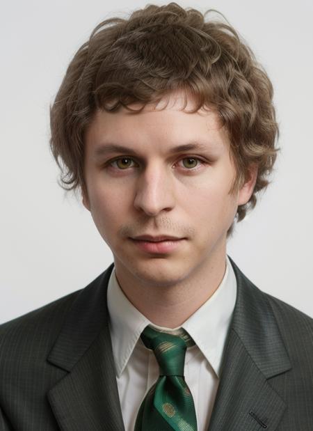 mc1 close up Portrait photo of a man  in a (70s-style suit, wide tie, dress shirt,),  intricate, (cloth [dark green]), elegant, sharp focus, photo by greg rutkowski, soft lighting, vibrant colors, masterpiece, ((simple white background)), detailed face <lora:MichaelCera:0.95>