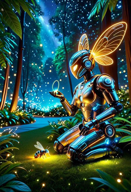 lazypos, A futuristic robot with glowing blue LED lights leans down curiously, examining a tiny firefly in its palm. The scene takes place in a serene night park with lush greenery, soft firefly lights floating in the air, and a starry sky. The robot has a sleek metallic body with illuminated panel lines, expressive glowing eyes, and a slightly tilted head to show wonder. The firefly emits a warm golden glow, contrasting with the robot's cool blue lights. The atmosphere is magical and peaceful, with a hint of cybernetic wonder. Ultra-detailed, cinematic lighting, photorealistic style.