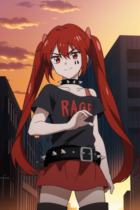 mahou shoujo magical destroyers anime lineart, anarchy, red hair, long hair, twintails, hair ribbons, hair between eyes, wristbads, black t-shirt written rage, red waterdrops tattoo on face, spiked collar, red eyes, belt, red skirt, red socks, black boots, anarchy