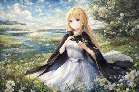 on meadow; solo waifu, one hand gathering flowers, with blonde hair, blue eyes, white dress and black cape; exceptional, best aesthetic, new, newest, masterpiece, best quality, ultra detailed; golden ratio, painting by John William Waterhouse <lora:Waifu Painting v3 LoHa dim3conv2:9>