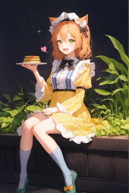 1girl, green eyes, animal ears, dress, solo, food, blonde hair, open mouth, long hair, pancake, flower, holding, bow, smile, fork, bird, socks, looking at viewer, shoes, striped background, holding fork, bonnet, striped, frills, long sleeves, :d, yellow dress, bangs, eyebrows visible through hair, blush, green nails, hair bow, nail polish, diagonal stripes, chick, sparkle, frilled dress, orange bow, fruit, full body, :3, hair between eyes, green bow, puffy sleeves, heart, lemon, orange footwear, animal ear fluff, white bow, cat ears, bobby socks, orange headwear, see-through sleeves, blue background, striped bow, hair ornament, white legwear, mary janes  <lora:SilvermoonMix12_1.1:1>