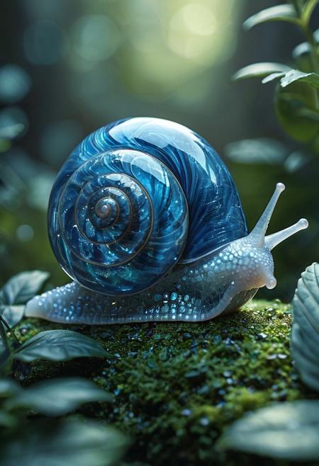 highly detailed image of a snail crafted entirely from blue gemstones. The snail's shell should be intricately designed, showcasing a variety of blue hues—from deep sapphire to light azure—reflecting light in a way that creates a sparkling effect. Each gem should be cut and polished to perfection, emphasizing the snail's natural spiral shape.
The body of the snail should be smooth and translucent, resembling a delicate layer of crystal, with subtle hints of iridescence. Surround the snail with a soft, blurred background of lush greenery, highlighting its vibrant blue color. Include gentle light reflections and shadows to enhance the three-dimensional quality of the gem snail, creating a captivating and enchanting scene.
style of greg rutkowski,janek sedlar,jenny saville:0]  <lora:vivid_everclear:0.35>  <lora:Sinozick:0.35>  <lora:MJ52:0.35>