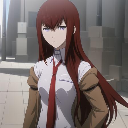 <lora:makise_kurisu:0.9>,((masterpiece,best quality,ultra detailed,8k)),full body,brown_hair,collared_shirt,jacket,long_sleeves,makise_kurisu,standing,red_necktie,solo,1girl,white_shirt,perfect face,red_hair,purple_eyes,arm_around_waist