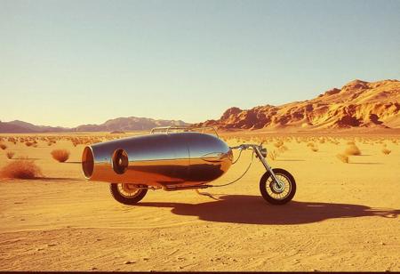 avant-garde, retro futurism , gold and chrome, daylight, california desert, 1970s, robert T, techno style